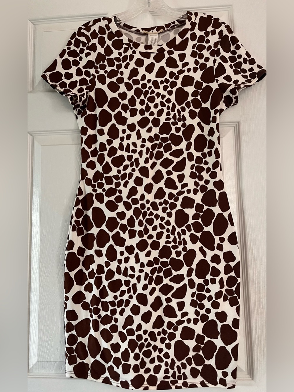 Brown and White Cow Print Short Sleeve Dress midi size large